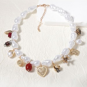 Kalung liontin mutiara tidak beraturan terbaru untuk wanita kalung rantai rumbai bola bunga hati logam Punk Retro - Product Image 5