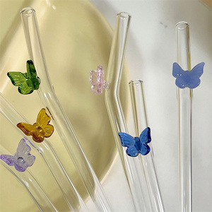 Logotipo personalizado transparente 8*200mm sin plomo BPA pajitas de vidrio soplado a mano con mariposa de color para Bar - Product Image 2