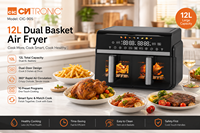 Friteuse à air sans huile à grande capacité 12L avec double panier, sans BPA, numérique, pour cuisiner pizza, poulet frit