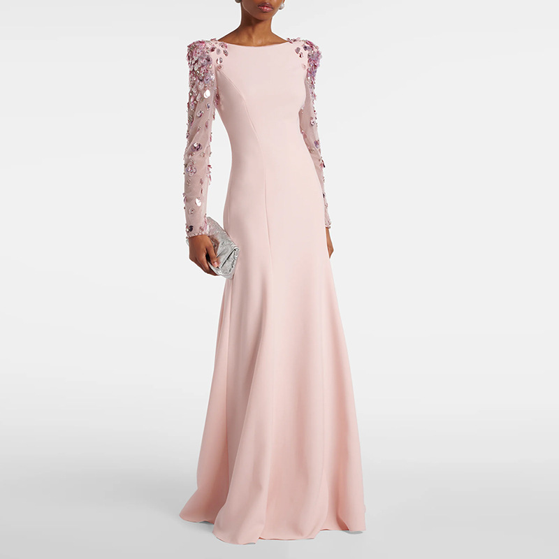 open lace back dress Beautiful Tulle Beaded Long Prom Dress, Pink Evening Dress Party Dress main image 0