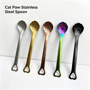Cuillères à café en métal en forme de patte de chat avec poignée créative en forme de cœur, cuillères à dessert en acier inoxydable, vente en gros - Product Image 3