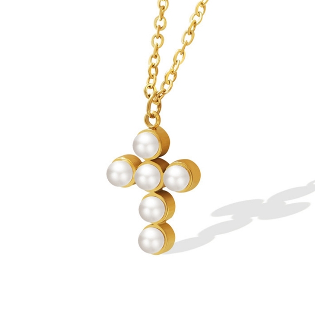 Popular First Communion Baptism Teaching Children Easter Gifts Quality Stainless Steel Pearl Cross Necklace Gifts for Women