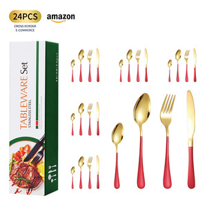 Juego de cubiertos de acero inoxidable de 24 piezas con mango dorado y rojo para cocina occidental, en caja de regalo. - Product Image 1