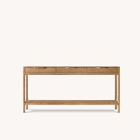 Console scandinave haut de gamme en chêne clair avec trois tiroirs, poignées en laiton vieilli, pieds courbés, étagère inférieure, pour salon, durable