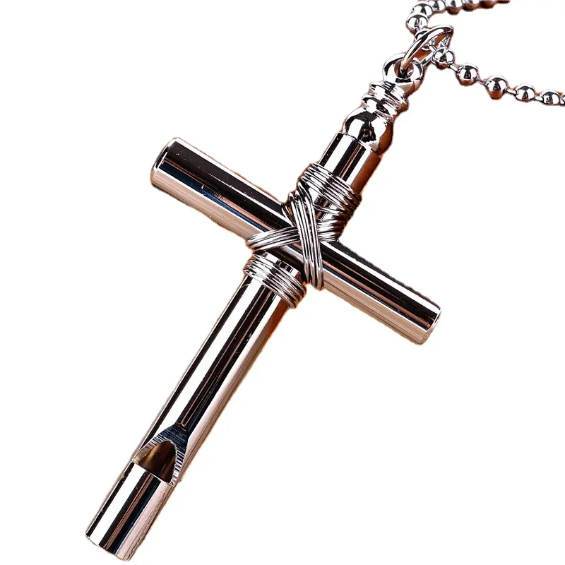 Cross Pendant Whistle Necklace Stress Relief Anxiety Breathing Necklace for Men