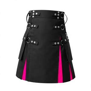 Women's Utility Kilt High Waist Punk Kilt <b>Mini</b> <b>Skirt</b> A-Line Color Block <b>Hot</b> <b>Pink</b> Pleated Utility <b>Skirt</b> With Rivets - Product Image 1