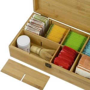 Caja de almacenamiento de té de bambú con compartimentos, organizador con tapa abatible para bolsitas de té, uso en la oficina - Product Image 1