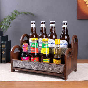 Boîte de rangement cosmétique en bois massif, double couche, design rétro, pour salle de bain, bureau, organisateur de maquillage avec incrustation métallique - Product Image 2