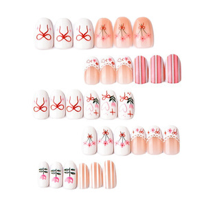 Faux ongles à presser courts carrés, motif nœud floral mignon, dégradé rose nude, <span class=keywords><strong>dentelle</strong></span> et cœur, peints à la main, style doux, pour <span class=keywords><strong>manucure</strong></span> quotidienne - Product Image 4