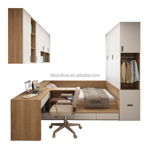 Competitively Priced Small Apartment Bedroom Furniture Sets Wooden Storage Tatami Bed with Desk Wall Cabinets & Wardrobe - Product Image 2