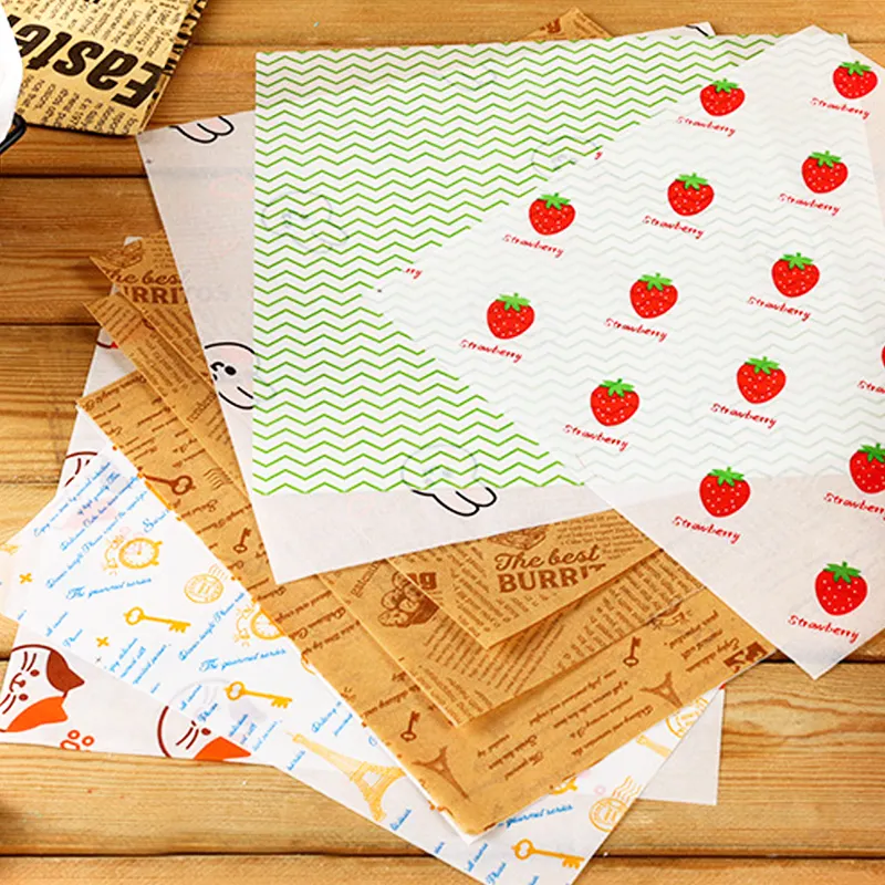Individuelles Logo Sandwichpapier bedrucktes Öko-Lebensmittelqualität-Verpackungspapier für Burger Hamburger Brot fettdichtes Ölwachs-Bäckpapier