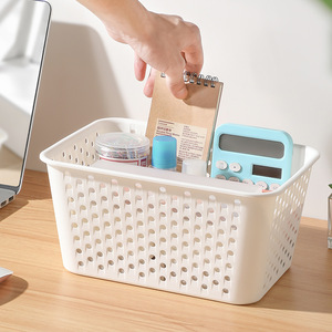 Cesta de almacenamiento blanca con orificios redondos, sin tapa, organizador de baño para escritorio, tamaño pequeño - Product Image 1