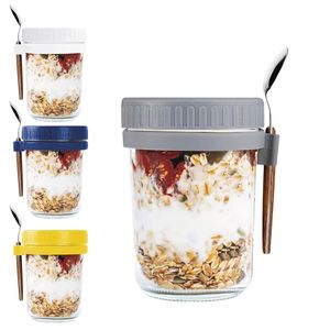 Custom 16oz Portable Glass <b>Breakfast</b> Mason Jars Plastic Overnight Oats Jar with Lids and Spoons Reusable - Product Image 1
