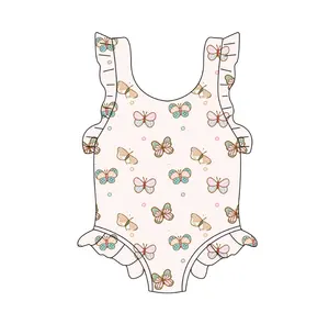 गर्म बिक्री वाली गर्मियों में बेबी गर्ल्स स्विमसूट स्लीवलेस रफ़ल स्विमसूट प्रिंट वाली प्यारी लड़कियों के स्विमसूट