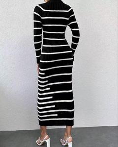 OEM & ODM <span class=keywords><strong>abito</strong></span> classico di alta qualità <span class=keywords><strong>nero</strong></span> alternato in <span class=keywords><strong>maglia</strong></span> bianca a collo alto manica lunga Slim Fit maglione a righe da donna Sexy - Product Image 4