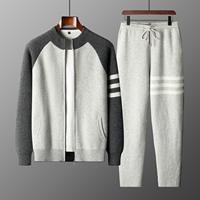 Ensemble de survêtement en tricot 2 pièces pour homme, 100% laine, cardigan zippé et pantalon, coupe oversize, à capuche, manches rayées, décontracté