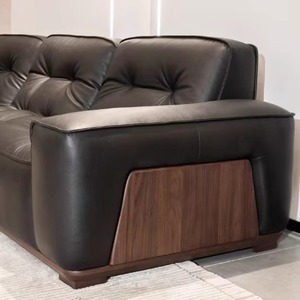 Luxury Ebony Wood Leather <b>Sofa</b> Straight Three Seater Tufted Living Room Set Coffee <b>Table</b> Included - Product Image 4