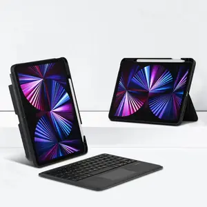 IPad Air用キーボード付き第5世代ケース7-RGBバックライト付きbt5.1PUタッチパッドレザーモバイルキーボードケース、ペンシルホルダー付き