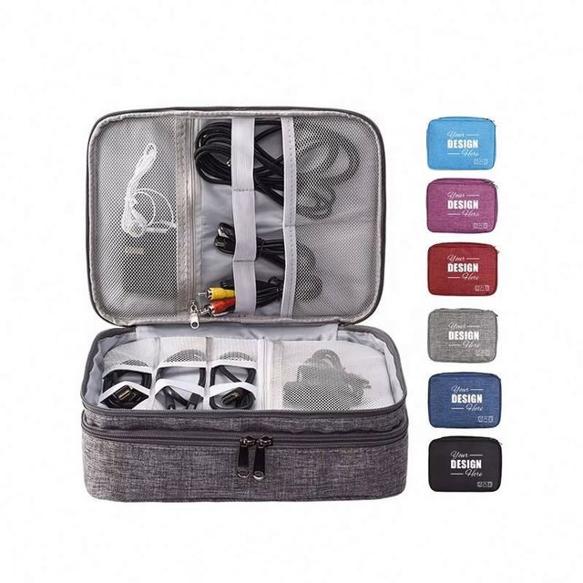 Custom Canvas Luxury Electronics Organizer Waterproof Travel Cable Bag Zipper Dual Layer Storage for Phone Charger Power Bank