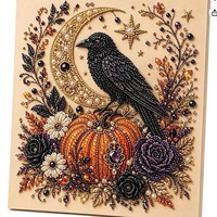 Kit DIY d'art 3D fait main avec perles et strass, motifs vintage Halloween (fantôme, vache, chat, crâne, sorcière, citrouille, lune) pour décoration murale