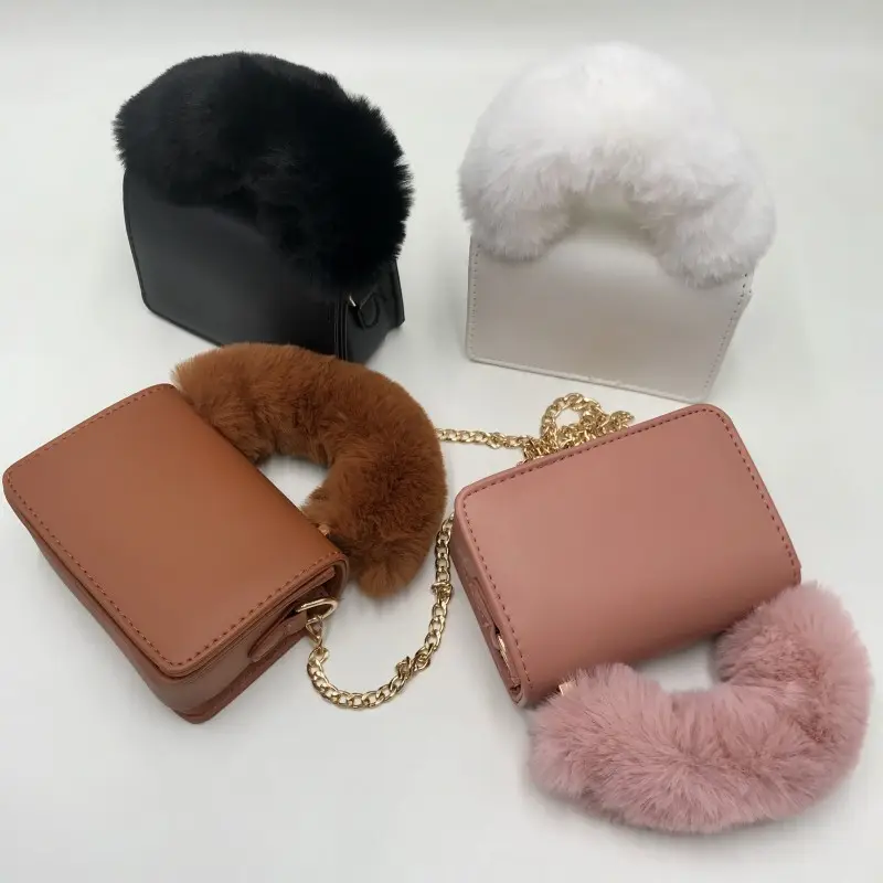 2021 Popular Fur Bags with Headbands for Women Cute Hand Bags Fashion Fur Purses Fur Boots with Headband and Bag
