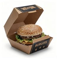 Boîte à hamburger carrée jetable en kraft pour emporter, OEM, restauration rapide, impression quadricolore, écologique, biodégradable, recyclable, papier artistique