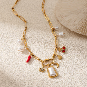Collar de Playa de Acero Inoxidable HB591 con Colgante de Estrella de Mar, Concha y Perla, Cadena Impermeable con Dijes de Corazón y Mariposa - Product Image 5