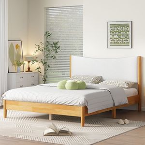 Lit rembourré en bois de bouleau couleur blé, cadre bas, mobilier de chambre - Product Image 1