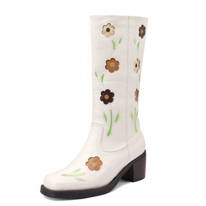 Retro Style Flower Pattern Women Knee High <b>Boots</b> Chunky Heels Shoes on Wide Fit Square Toe Long <b>Boots</b> - Product Image 1