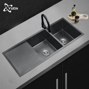 YUDA grand Nano <span class=keywords><strong>noir</strong></span> en acier inoxydable fait à la main comptoir sous le comptoir <span class=keywords><strong>Double</strong></span> bol évier de cuisine avec plateau - Product Image 2