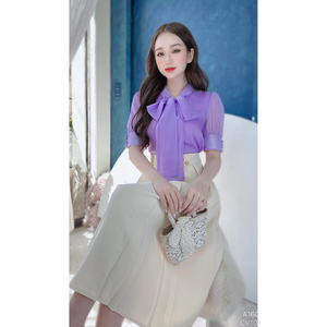 Blusa de Mujer con Manga Raglán y Decoración de Lazo, Manga Corta, Material Modal, Lavable, Estilo Casual de Oficina, Color Sólido, para Todas las Temporadas - Product Image 2