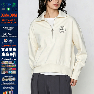 Sudadera con capucha de media cremallera para mujer al por mayor, cuello simulado, hombros caídos, oversize, de algodón, ajuste holgado, cremallera de cuarto, personalizada - Product Image 1