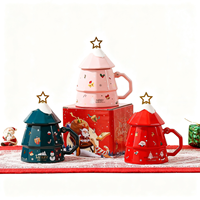 Mug en céramique de Noël 350 ml, mignon, écologique, souvenir créatif, en forme de sapin, avec couvercle chaud/froid et barre de mélange, emballage en boîte colorée
