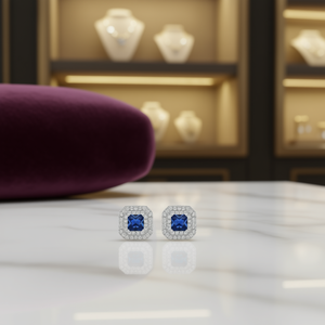 Boucles d'oreilles clous en or blanc E1050 saphir taille princesse serti pavé, bijoux de mode classiques pour femme, géométriques pour soirée - Product Image 2