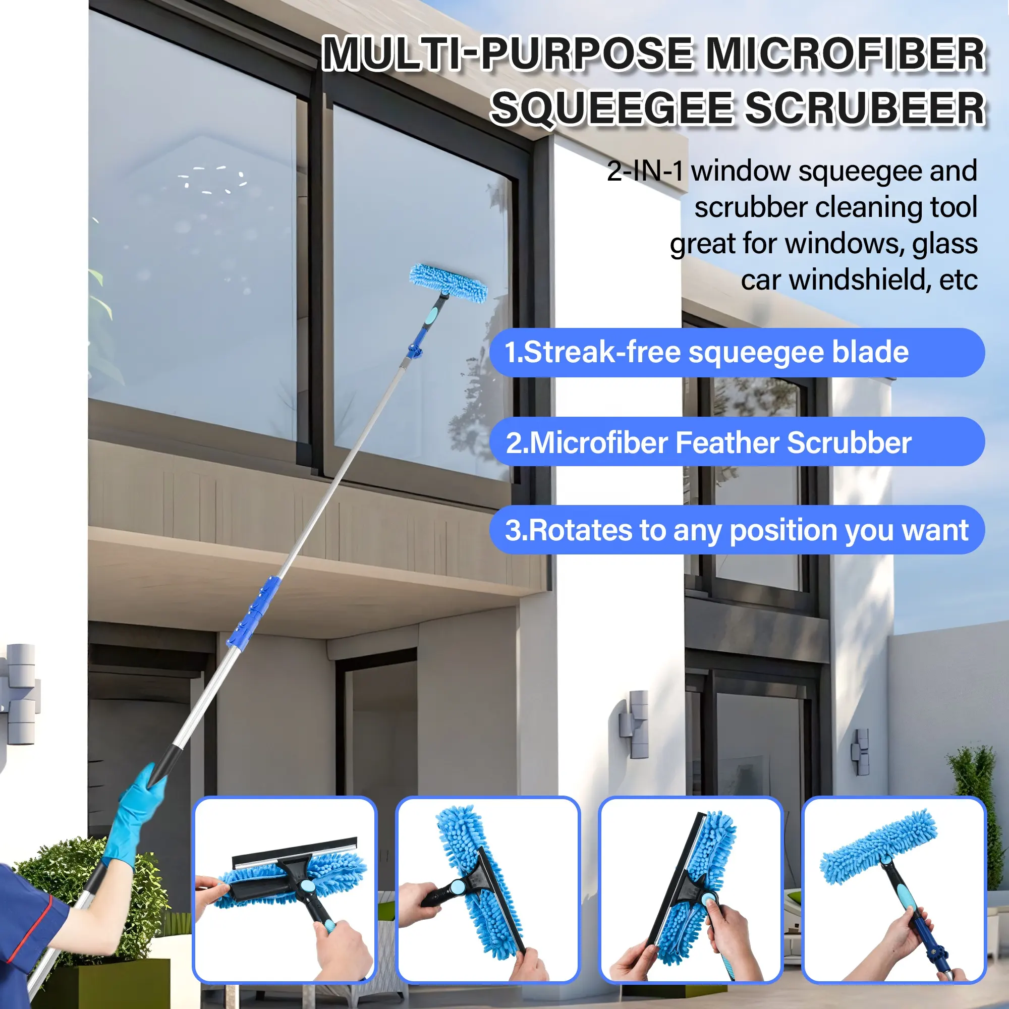 High Reach Household Window Ceiling 5 in 1 12 FT Light Weight Fan Cobweb Telescopic Retractable Aluminum Alloy Cleaning Set
