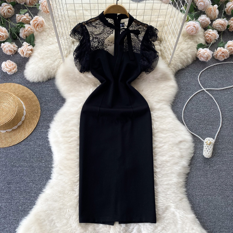 solid lace half sleeve maxi a line dress Olive