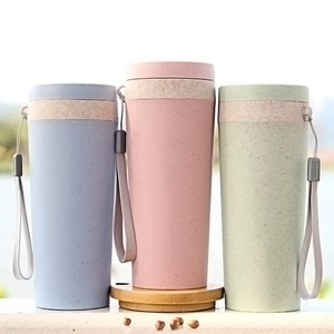 แก้วกาแฟเก็บความร้อนสองชั้นแบบขายส่ง ขนาด 12 ออนซ์ ขวดน้ำทำจากฟางข้าวสาลี สำหรับเดินทาง ปิกนิก ตั้งแคมป์ พร้อมสายสะพาย - Product Image 3