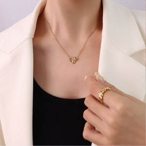 Collier Abeille en Acier Inoxydable 316L Plaqué Or 14k 18k avec Pierre Œil de Chat, Anti-ternissement et Étanche, pour Femme - Product Image 4