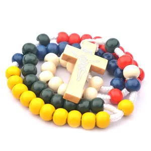 Cheap 5 Colors Wooden Beads Missionary Rosary Rope Knotted Catholic Corded Rosary Environmentally