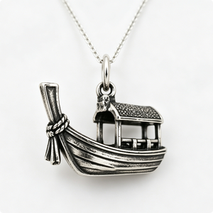 Pendentif bateau plaqué argent avec motif maison, forme irrégulière, figurine souvenir, artisanat en métal moulé - Product Image 5