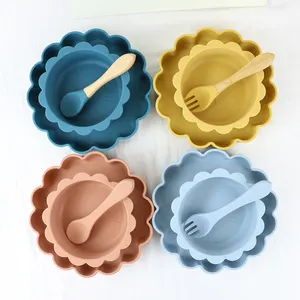 PISSEN Silicone BPA Free Baby Feeding Bowl Tableware Baby Learning Suction Bowl Set Waterproof Fork Spoon Non-Slip Crockery