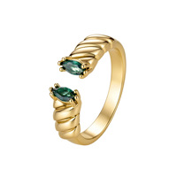 Bague en laiton plaqué or 14 carats avec pierre verte, bague ouverte torsadée, bague large et audacieuse à deux pierres pour femme, vente en gros