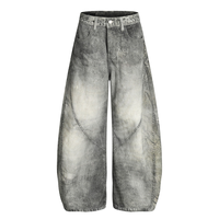 Jean en denim vintage délavé à l'acide de haute qualité, coupe baril, avec coutures courbées, jambe large et ample, effet usé, style streetwear, hiver, 100% denim