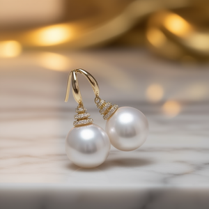 Pendientes de Perlas Cultivadas Chapados en Oro E2069, Redondos, Blancos, AAA, Clásicos, Joyería de Boda para Mujer, Engaste en Bisel - Product Image 2