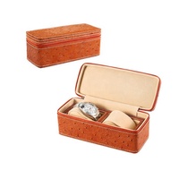 Étui de voyage pour montres en cuir véritable noir à 2 emplacements avec fermeture éclair, en cuir d'autruche, avec coussinets réglables
