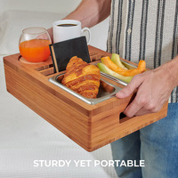 Plateau de Canapé en Bois avec 2 Bols à Collation en Acier Inoxydable, Porte-Boissons, Vaisselle en Bambou pour Cuisine et Salle de Bain