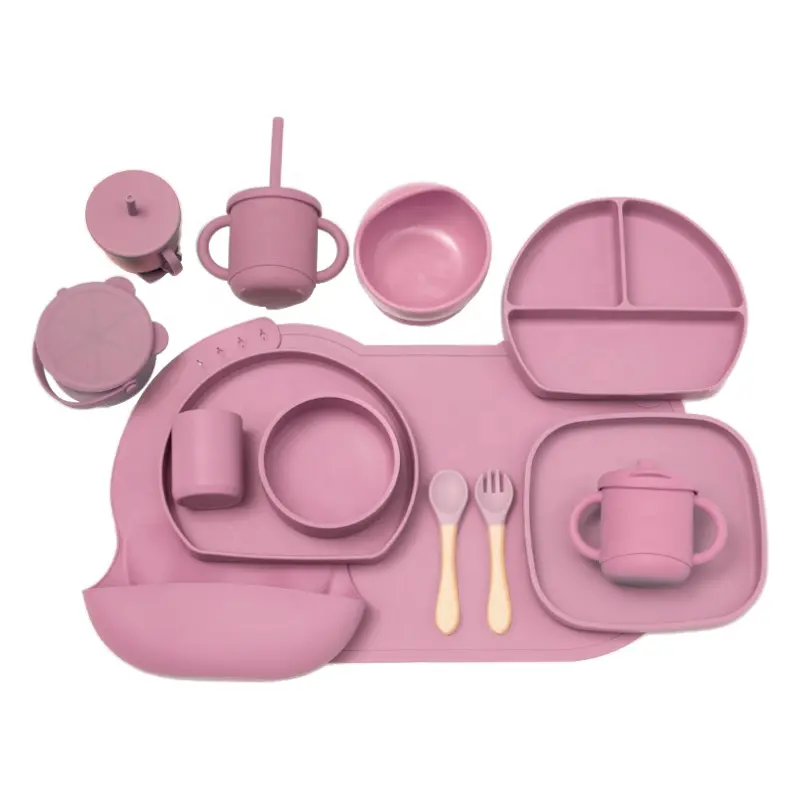 5 pièces OEM beige personnalisé rouge en silicone pour enfants produits alimentaires pour bébés bol pour bébé assiette bébé en silicone ensemble d'alimentation pour enfants en silicone