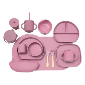 Conjunto de alimentação de silicone para bebês, prato de silicone para bebês, 5 peças de silicone vermelho para bebês, com tigela personalizada, OEM Bege vermelho para crianças