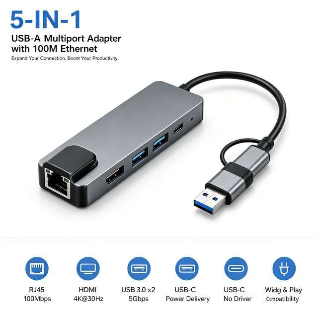 5 in 1 USB a USB C Multiport Adapter Dual Plug Docking Station 100M Ethernet RJ45 4K  USB3.0 PD Charging Hub for Laptop