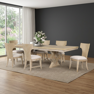 Farmhouse Style Light <b>Brown</b> Wood Dining Set-Rectangular <b>Table</b> Geometric Base 6 Chevron-Patterned Chairs Upholstered Seats - Product Image 3